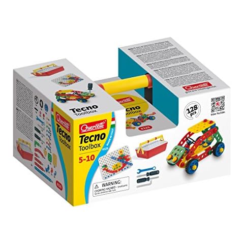 Quercetti Tecno Toolbox - Construction Set with 128 Pieces and Storage Case Cover