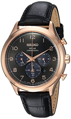 Seiko SSC566 Core Solar Black Leather Rosegold Bezel Men's Chronograph Watch