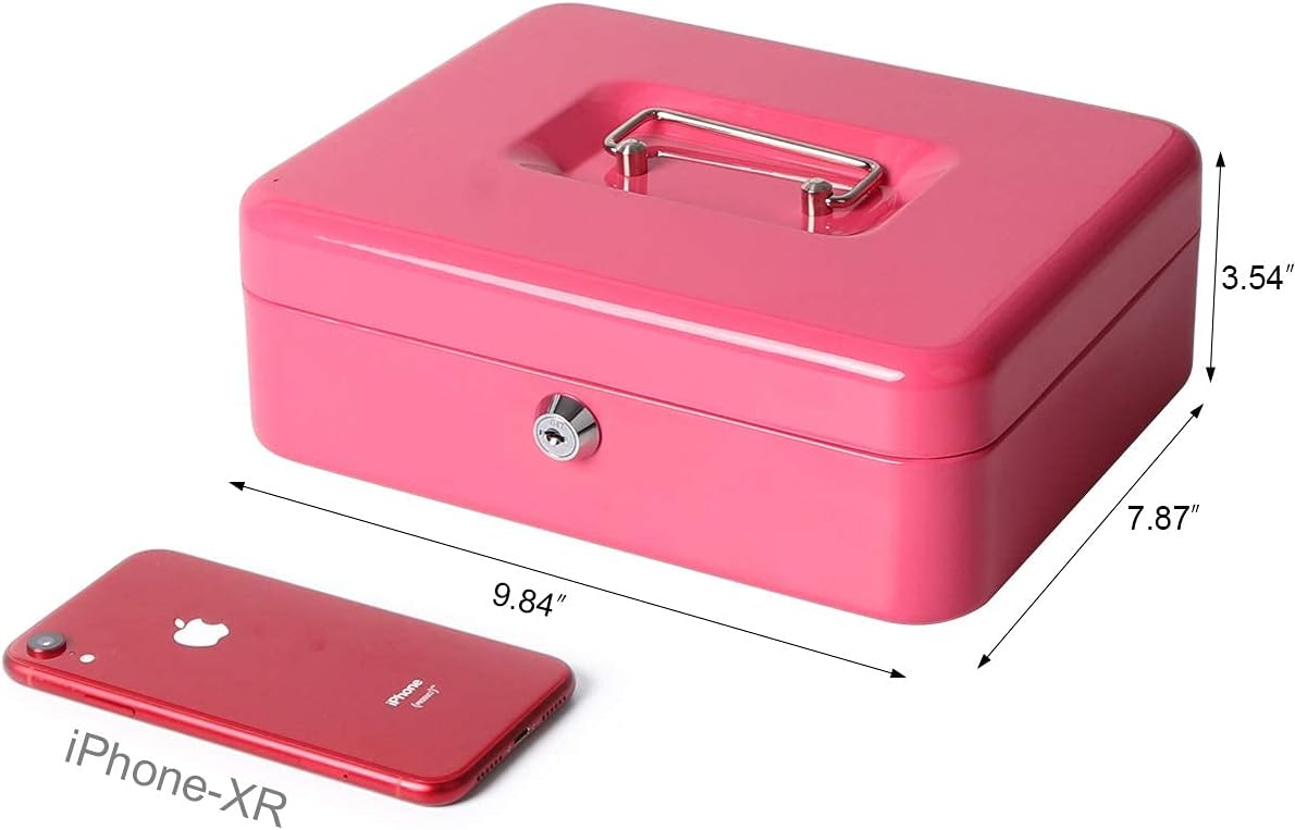 Cash Box with Money Tray and Lock, Lovndi Metal Money Box for Cash, Lockbox 9.84x 7.87x 3.54 Inches, Pink : Office Products
