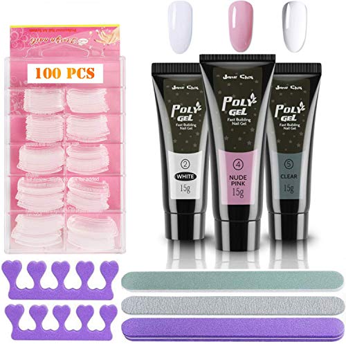 Poly Gel Nail d'extension Kit,3 extenseurs ongles, 100 extenseurs ongles, 3 limes à ongles, 2 séparateurs de doigt éponge, trousses d'outils pour ongles u0085