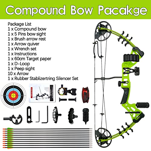 WUXLISTY Youth Compound Bow Set 15-45 Lbs for Teens and Beginner, Package with Archery Hunting Equipment, 5 Pin Sight, Max Speed 320fps, Adjustable, Right Hand, Green