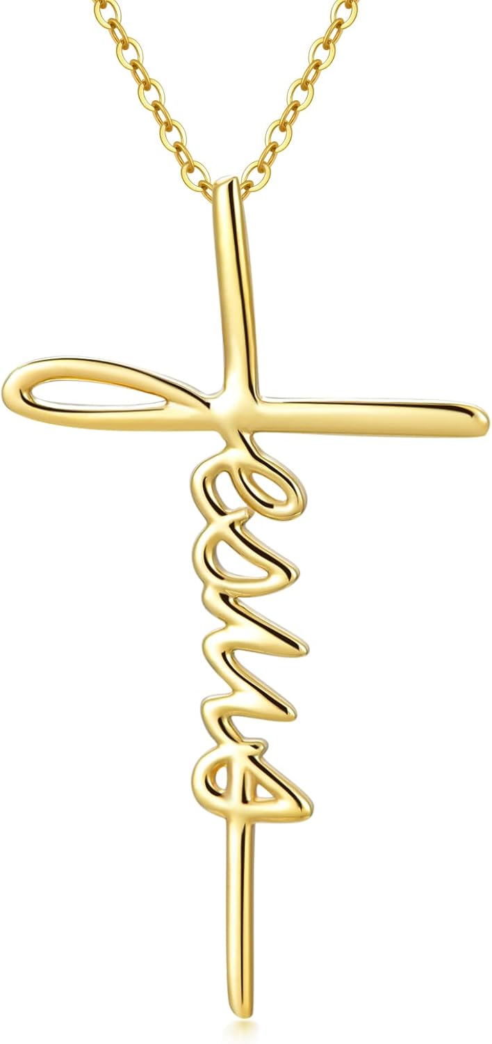 SISGEM Solid 14K Gold Jesus Cross Necklace Hope Believe Pendant Necklace Religious Jewelry for Women Anniversary Birthday Mother's Day