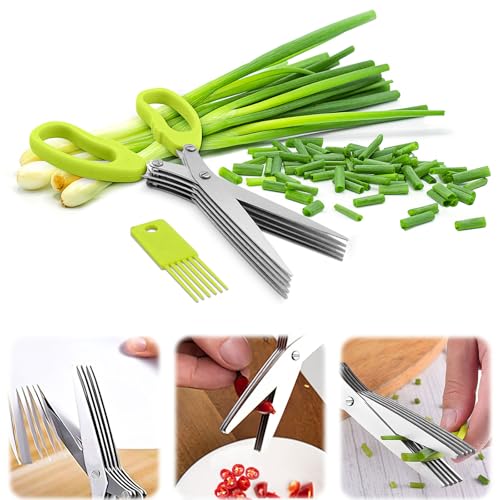 Ciseaux de cuisine multifonction à 5 lames pour couper la coriandre, les oignons, la salade, les herbes et les épices (vert)