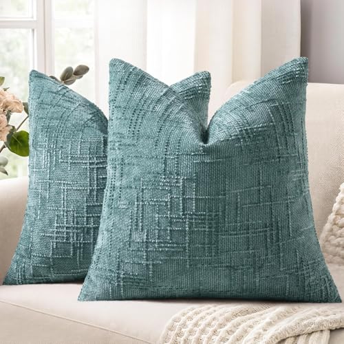Teal Chenille Throw Pillow Covers 18x18 Set of 2 Thick Textured Slubby Couch Pillow Covers Farmhouse Accent Modern Neutral Decorative Pillow Cases for Bed Sofa Living Room
