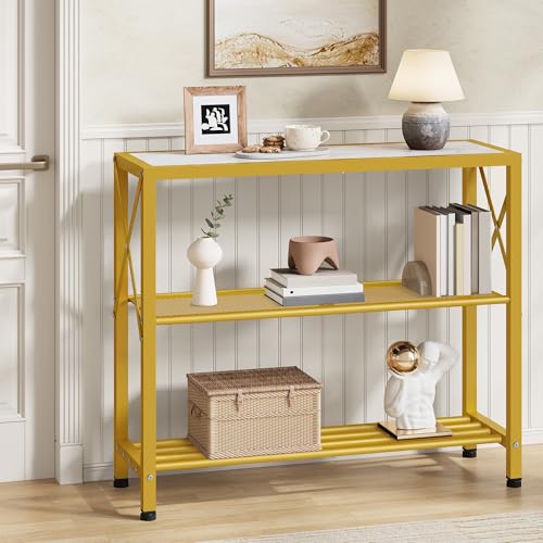 Hoctieon Industrial Console Table 3 Tier Entryway Table Metal Frame Sofa Tables with Shelf Hallway Desk Entrance Tables for Entryway Living Room Foyer Hallway Gold and White