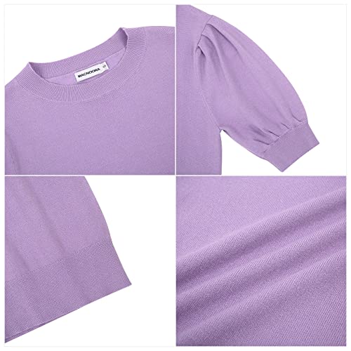 Image of Womens Puff Short Sleeve Sweater Tops Crewneck Basic Knit Pullover Lightweight Casual Sweaters