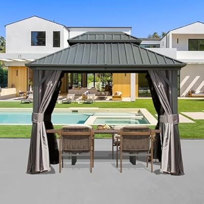 Domi 8' x 10' Hardtop Gazebo Permanent Metal Gazebo with Galvanized Steel Double Roof, Curtains and Netting for Party, Wedding, Outdoor Dining, Patio, Backyard, Grey