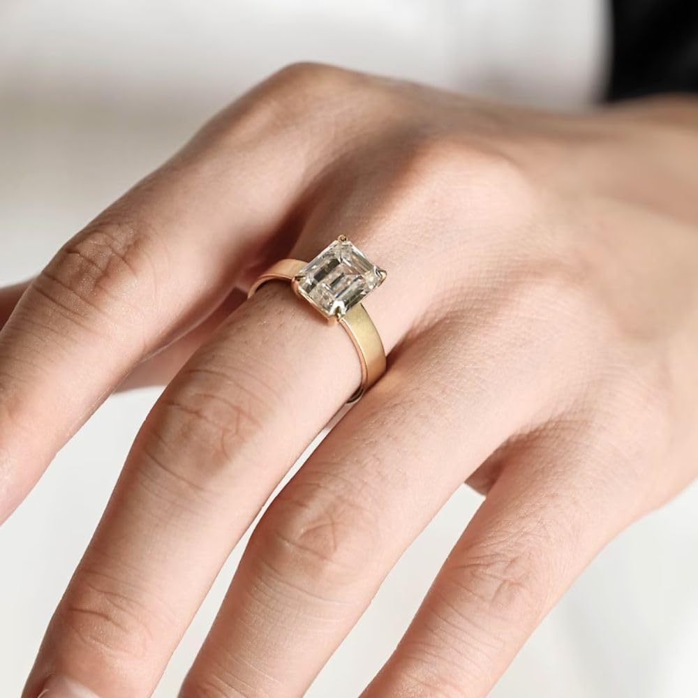 Ssjewel 4 Ct Emerald Cut Diamond Delicate Thick Band Solitaire Engagement Rings For Women 18K Gold Plated Elegant 4 Mm Wide Band 925 Sterling Silver Handmade Minimalist Wedding Ring Gift For Her