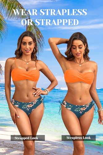 Image of Women's Strapless Bandeau Bikini Set - Twist Front Two Piece Swimsuit Top with Side Tie Bathing Suit Bottom