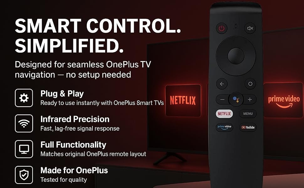 Image of Infrared Remote Compatible with Oneplus Android TV Replacement of Original one Plus Smart tv Remote with Netflix, YouTube and Prime Video Hot Keys Without Voice Command.