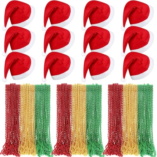 Mepase 96 Pieces Christmas in July Party Supplies Christmas Santa Hats Red Green Gold Bead Necklaces for Holiday Beach Party Supplies