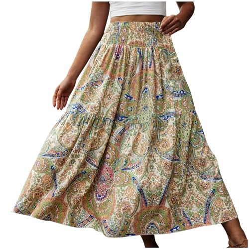 Womens Boho Paisley Print Skirt Vintage Floral Print Ruffle Swing Skirt Shirred Elastic High Waist Flared Long Skirt