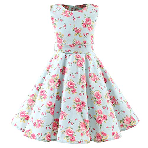 SXSHUN Mädchen Retro Vintage Rockabilly Kleid Partykleider Cocktailkleider Im 50er-Jahre-Stil, Minzegrüne Blume, 134/140 (Etikettengröße:140)