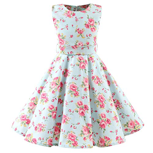 SXSHUN Mädchen Retro Vintage Rockabilly Kleid Partykleider Cocktailkleider Im 50er-Jahre-Stil, Minzegrüne Blume, 122/128 (Etikettengröße:130)