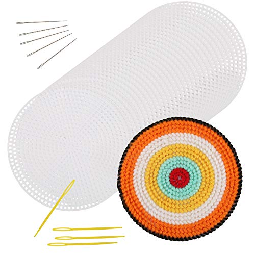 Pllieay 30 Pieces 7 Count Circle Plastic Mesh Canvas Sheets with Sewing Needles for Embroidery, Acrylic Yarn Crafting, Knit and Crochet Projects (4.5 inch/11.5cm)