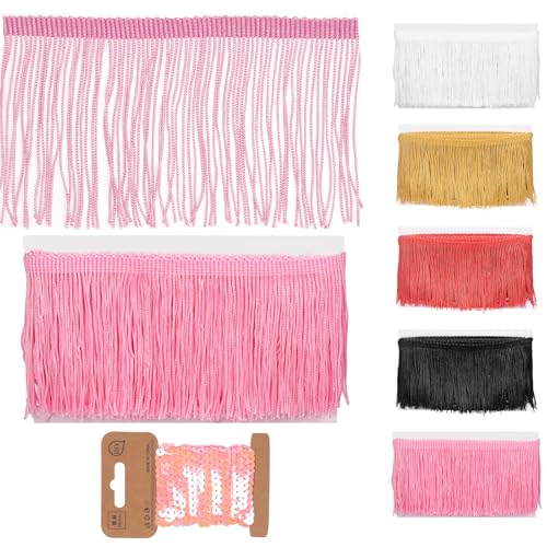 Glarks 4pcs 5 Yards x 100mm Sewing Fringe Trim Set, Pink Tassels Trim with 5 Yards Sequin Strip and Fixing Tools, Versatile Fringes for DIY Craft Clothing and Dress Decoration