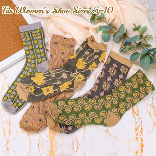 Image of 5 Pairs Vintage Patterned Crew Socks Floral Cotton Socks Warm Socks Thick Soft Socks Gifts for Women