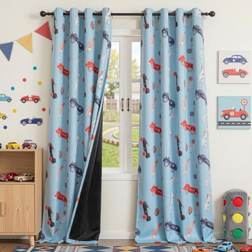 Image of MYSKY HOME 95% Blackout Curtains 96 Inch Length with Various Colorful Car Patterns Thermal Insulated Grommet Drapes for Kids Boys Bedroom Playroom Nursery, 2 Panels, 52 inch W Each Panel, Blue