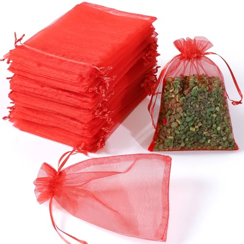 Image of Hopttreely 100pcs Sheer Organza Bags, Red Jewelry Gift Bags, 4x6inch Christmas Wedding Favor Bags with Drawstring, Small Mesh Gift Pouches Mini Candy Bags for Valentienes Party