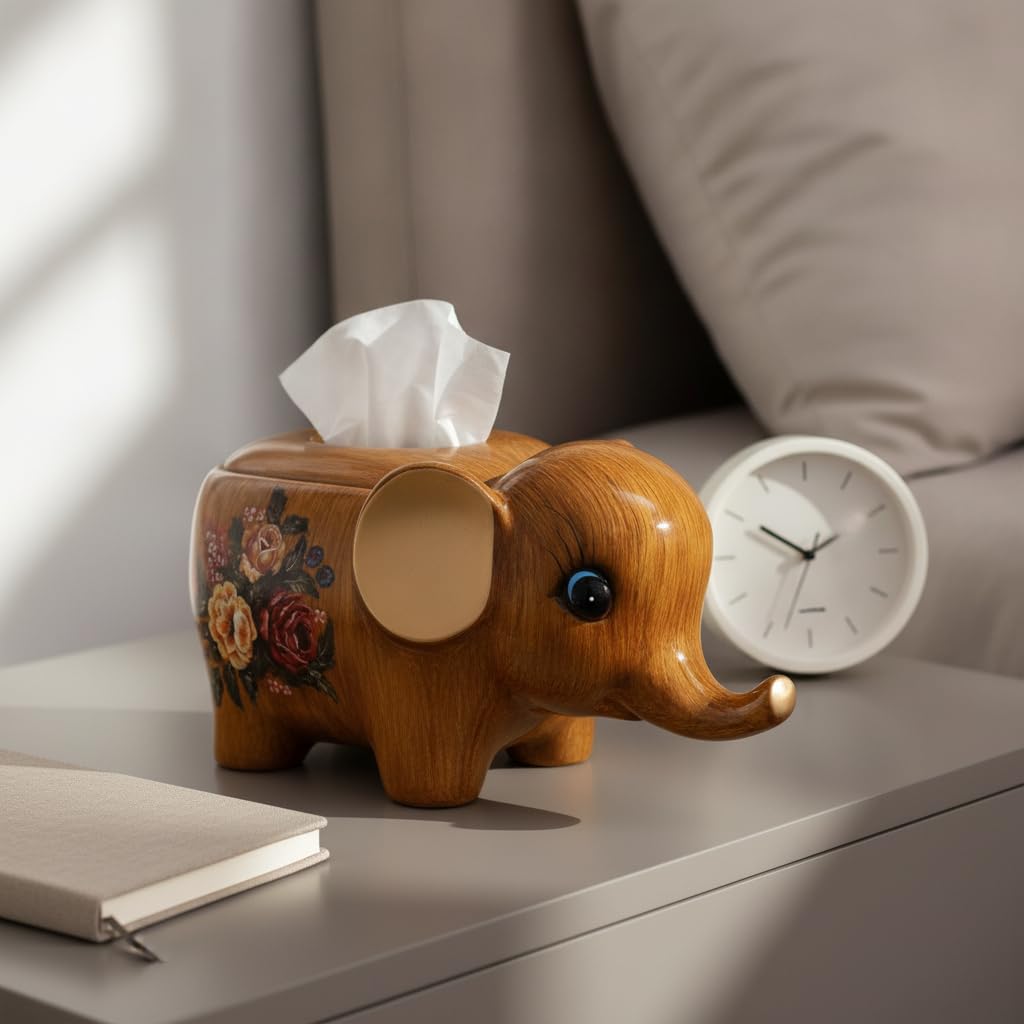 Boîte à Mouchoirs Éléphant Céramique, Éléphant Blanc Fleurs et Oiseaux