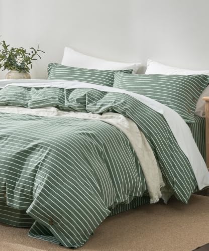 Image of JELLYMONI 100% Washed Cotton Forest Green Striped Duvet Cover Set Twin