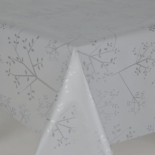 Designers247 Silver Grey Leaves PVC Oil Vinyl Plastic Table Cloth Light Grey Silver Leaves And Stems Oilcloth Wipe Clean Dining (Square 140cm x 140cm (54" x 54" inches)