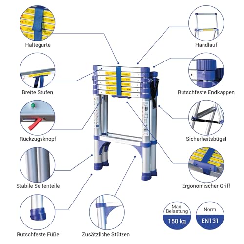 Teleskop-Trittleiter mit 7 Stufen EXTENDACT6, Teleskopleiter 2m+1.7m, Faltbare Teleskop-Trittleiter, Max. Arbeitshöhe 3,5m, 5 Jahre Garantie, Hostrom
