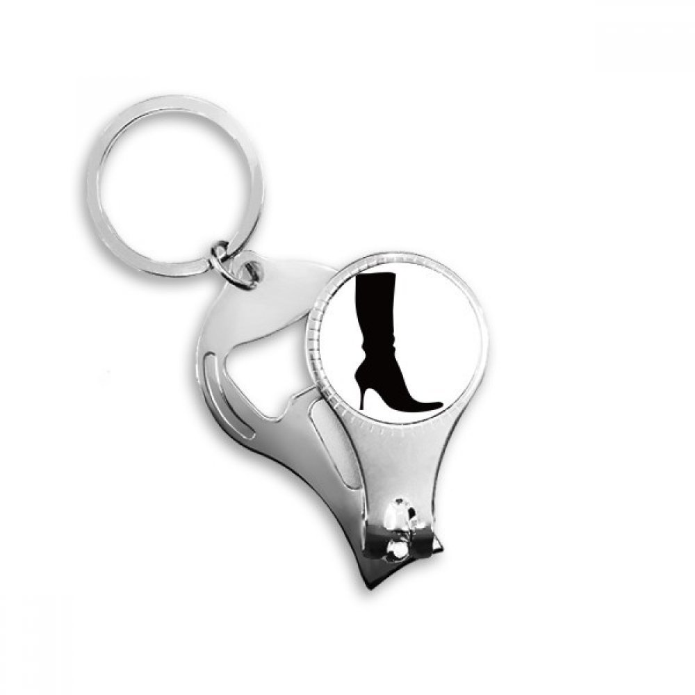Coupe-ongles porte-clés noir avec motif minimaliste de bottes hautes et décapsuleur