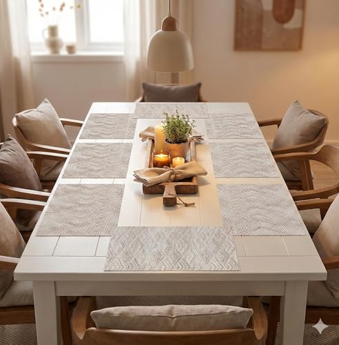 Image of YELONA Placemats for Dining Table - Heat Resistant, Non-Slip & Washable PVC Vinyl Table Mats - Set of 8, 45 x 30 cm (Camel White)