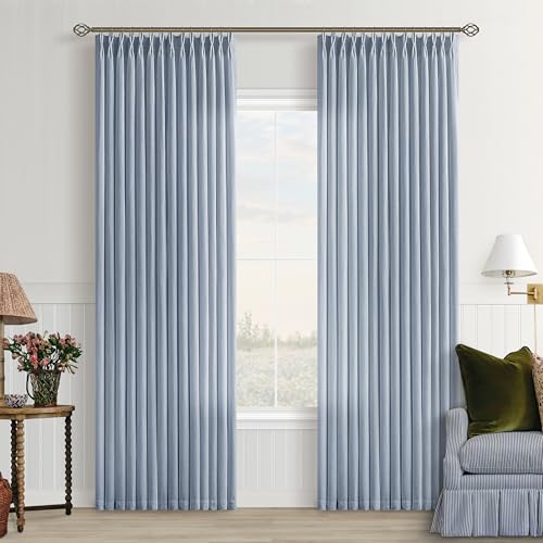 Image of Dusty Blue Pinch Pleated Semi Sheer Linen Curtains 84 Inch Long Coastal