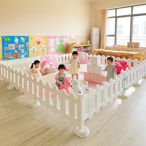 Image of Playpen for Babies upto 5 year Baby Play Area Indoor Setup Foldable Play Yard Fence for Toddlers Kids Playarea Setup Outdoor Children Play Area with Gate, Balls, Basketball Stand, mat, drawing board sketch (White, 12 Panel)