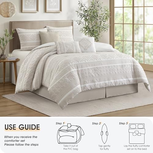 Image of LANCO MODERN LIFESTYLE 7 Piece Queen Comforter Set, Beige, Elegant Jacquard with Patchwork, Stylish and Cozy Bedding Collection, Premium Bedding Set with Bedskirt, Shams and Pillows