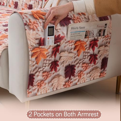 Image of HOKIPO 'Nature Muse' Premium HD Printed Holland Velvet Sofa Armrest Covers with Pockets | 1 Pair | Autumn Maple (IN-921-L-D1*2)