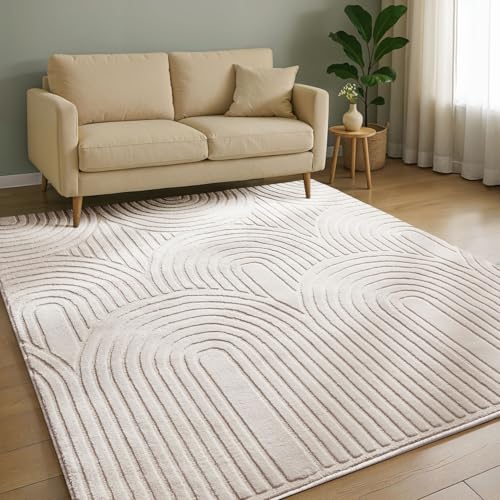 benuta Basic Alfombra Salon Claire   Crema 140x200 cm   Minimalista para Dormitorio, Sala de Estar en Estilo Retro geométrico   Fácil de Limpiar   Apta para Suelos radiantes