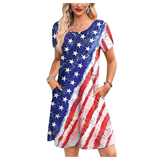 Womens July 4th American Flag Patriotic Red White and Blue Short Sleeve Memorial Casual Mini Dress with Pocket 2XL