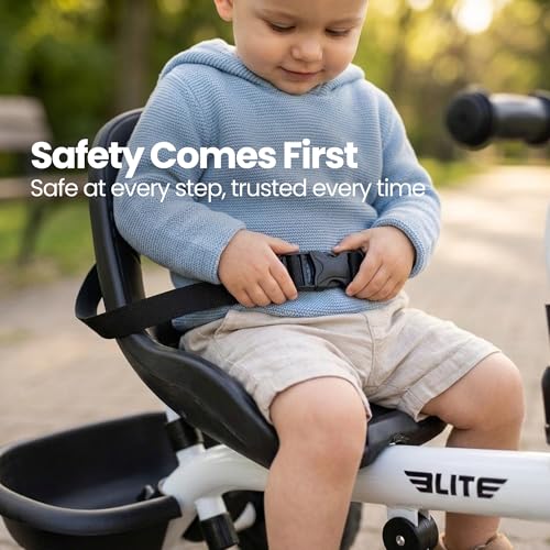 Image of Luusa Elite Pro 4-in-1 Kids Tricycle with Parent Push Handle, Adjustable Canopy, Safety Seat with Seat Belt, Storage Basket & Cup Holder | Toddler Trike for 1-4 Years Boys & Girls (White)