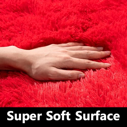 2x6 Fluffy Area Rug - Soft Shag Runner Rug for Bedroom - Non Slip Runner Living Room Rug Plush Carpet Runner Red