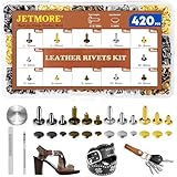420 Sets Leather Rivets, Rivets for Leather Crafting, 4 Colors and 3 Sizes Leather Rivet Kit with 3pcs Leather Tools, Rivets for Fabric, Remaches para Cuero, Double Cap Brass Rivets for Decoration