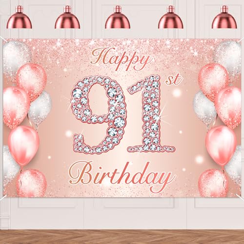Image of Happy 91st Birthday Rose Gold Banner Cheers to 91 Years Old Backdrop Confetti Balloons Theme Decor for Women 91 Years Old Pink Birthday Party Decorations Bday Supplies Background Favors Gift Glitter