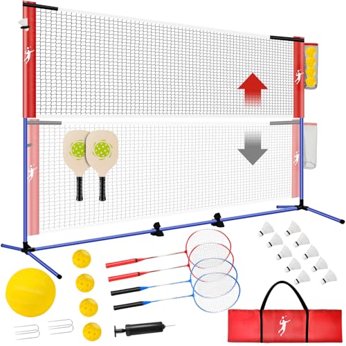 Pickleball Badminton Net Set for Backyards All-in-One Portable Volleyball Combo Set for Adults with Adjustable Net Volleyball Pickleball Paddles & Badminton Rackets for Indoor Outdoor