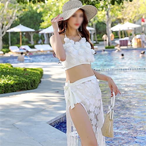Bikini blanc opaque non transparent à fleurs 3D avec cache-maillot pour masquer les imperfections - 3