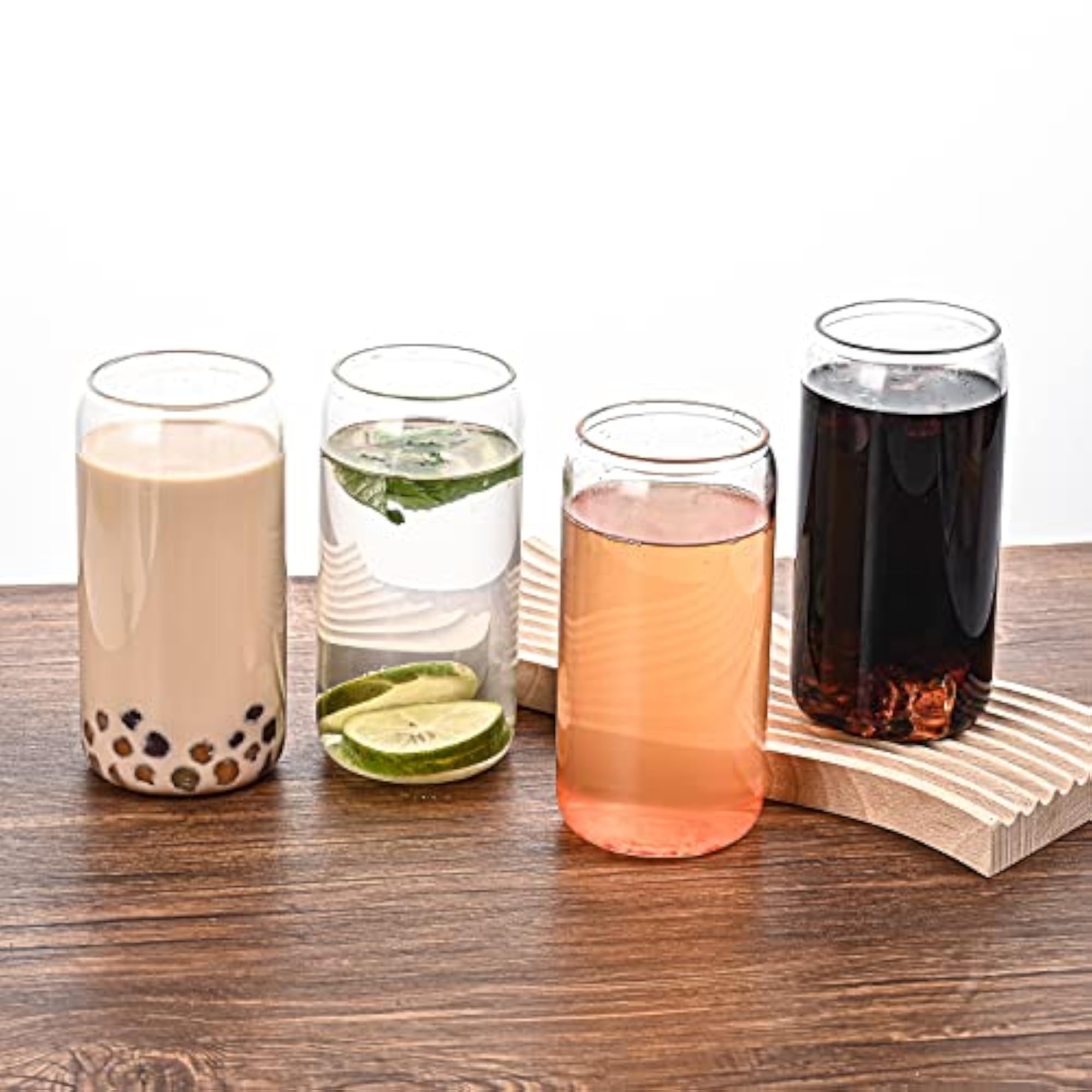 16oz Glass Drinking Glasses Set of 4 with Bamboo Lids