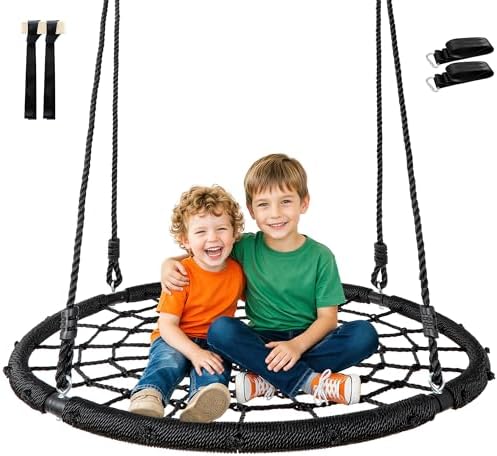 SUPER DEAL 40” Spider Web Tree Swing Round Net Swing Platform Rope Swing Set for Kids Adult, 71″ Detachable Nylon Rope with Swivel for Outdoor Backyard, Max 660 Lbs Extra Safe Steel Frame, Black