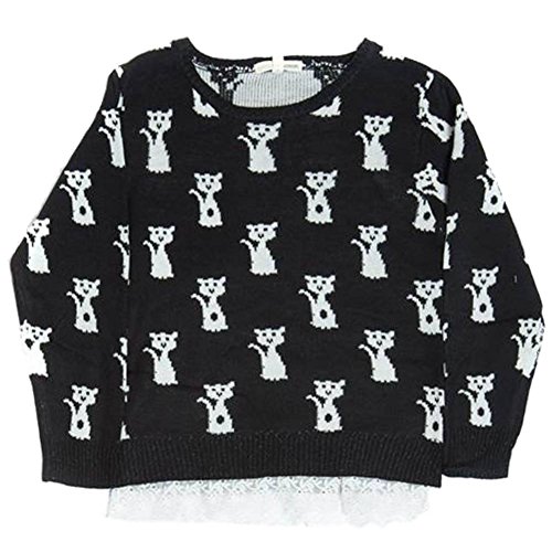 Toddler Girls Black Kitty Cat Pullover Sweater with Lace Trim 2T