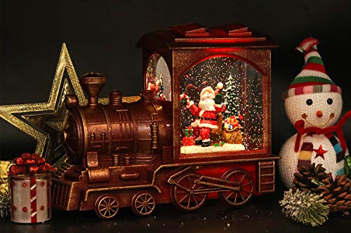 Image of Eldnacele Singing Christmas Train Snow Globe with Music & Timer, Lighted-up Battery Operated Glittering Lantern for Christmas Table Centerpiece Decoration and Gift- Santa