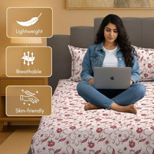 Image of Mafatlal Luxe Lilac 140 GSM Queen Size Bed Sheets with 2 Pillow Cover Perfect for Double Bed Style, 90x100 Inch - Rose Pink, Soft, Lightweight & Long-Lasting