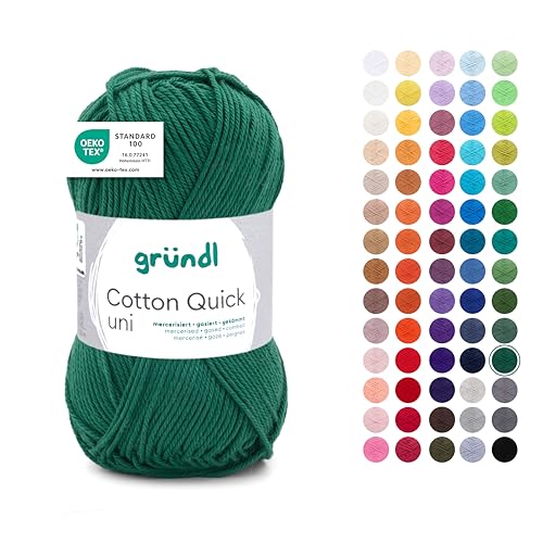 Gründl Wolle Cotton Quick uni - dünne Wolle zum Häkeln - Strickgarn - Häkelgarn - Glänzend und hautfreundlich - 100% Baumwolle - 1 Knäuel 50 g / 125 m - Nadelstärke 3-4 - tannengrün