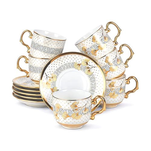 Image of NFI essentials Ceramic Cup & Saucer Set of 6 Pcs, Tea /Coffee Cup, Microwave & Dishwasher Safe, Premium Mug Perfect for Daily Use, Office, Gifting Elegant Golden Color Design 200ML