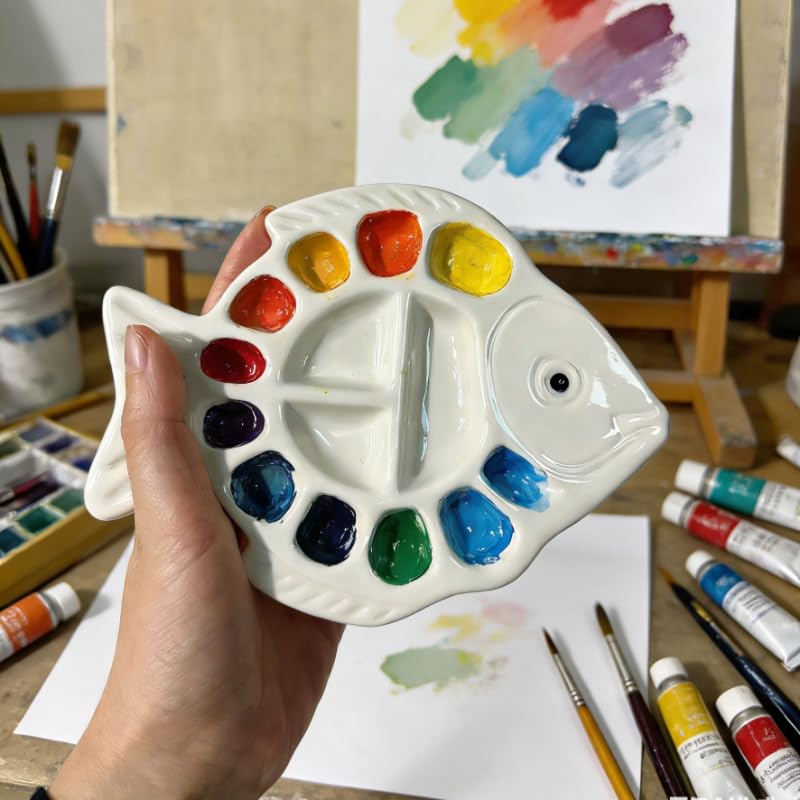 ANLYAWX Ceramic Watercolor Palette - Whimsical Fish Design Paint Tray with Tail Brush Rest & Golden Triangle Mixing Zone, White Glazed Ceramic Artist Palette Suitable for all pigments - Painter's Gift