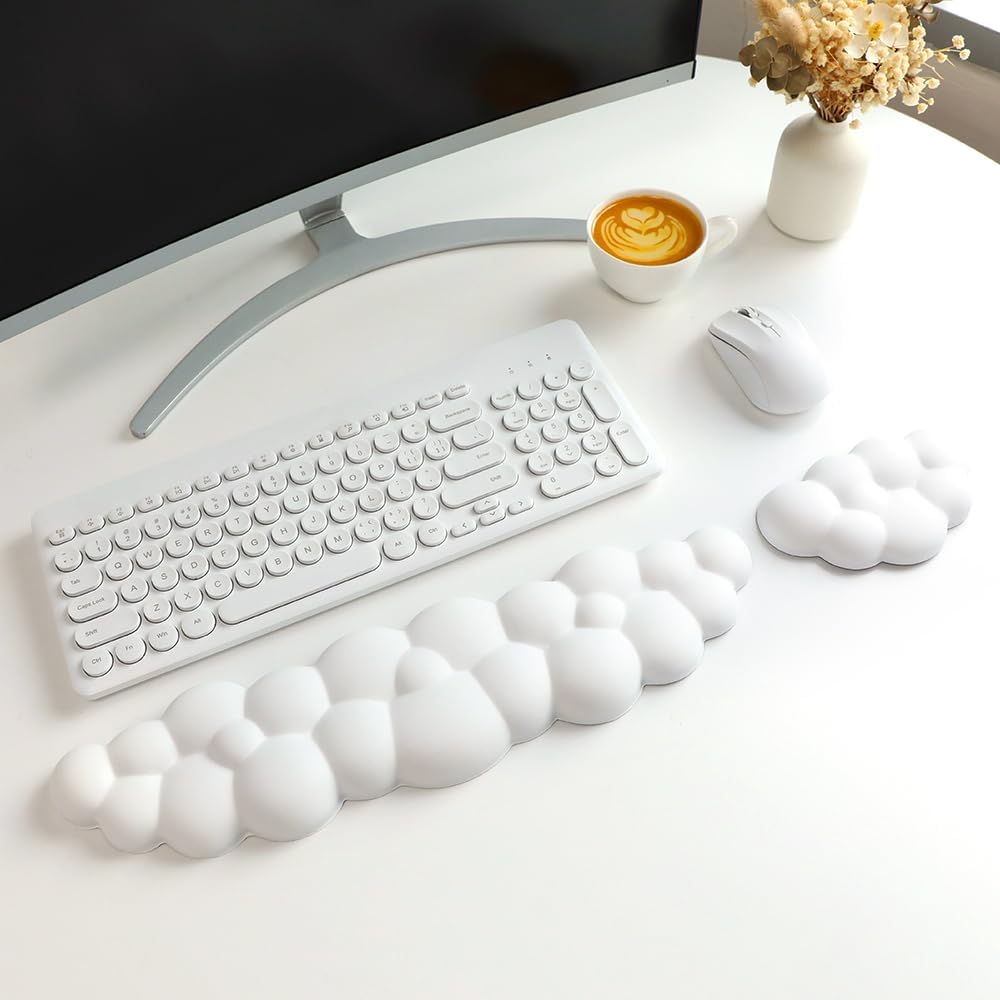 Ergonomic Keyboard Wrist Rest & Mouse Wrist Rest Set - Memory Foam Cushion Durable Non-Slip, Soft Leather Support for Comfortable Typing - White Cloud